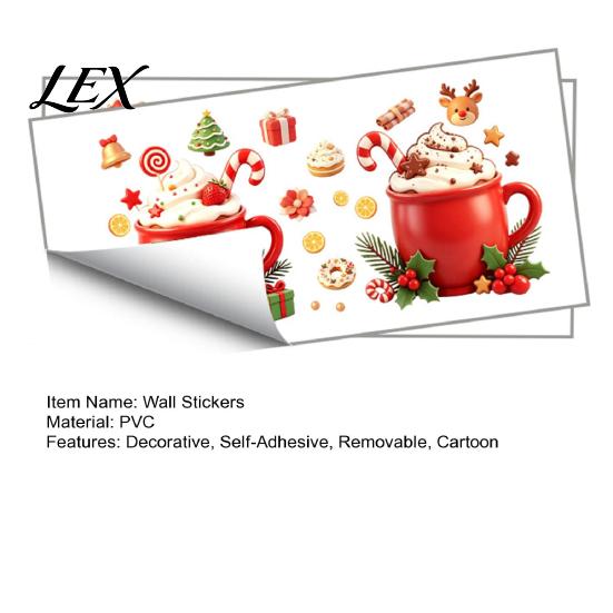 Cartoon Christmas Drink Mug Stickers 2Pcs Hot Drinks Wall for Kitchen Cabinets, Self-Adhesive Art Holiday Fridge Decorations Decor, Removable