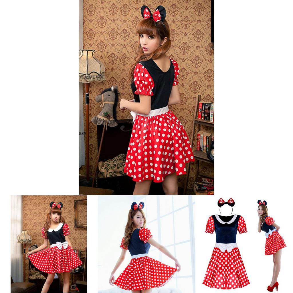 Elegantes Sexy Damen Kostüm für Erwachsene mit Cartoon Minnie Maus und Punkten für Halloween