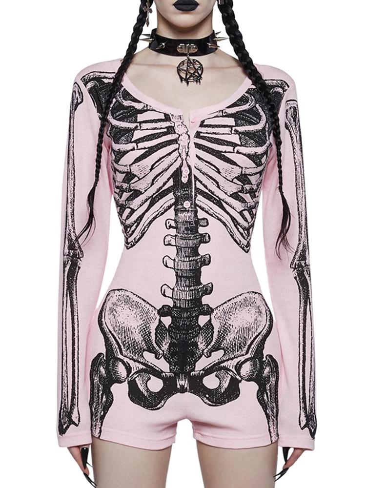 AltGoth Dark Goth Hotsweet Jumpsuit Damen Y2k E-Girl Totenkopf Print Langarm O-Ausschnitt Hohe Taille Strampler Punk Grunge Indie Kleidung