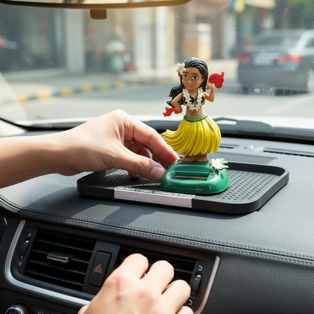 Solar Hawaiian Dancer Doll Grass Skirt Tropical Dashboard Car Organizer Pad Heat Resistant AntiSlip