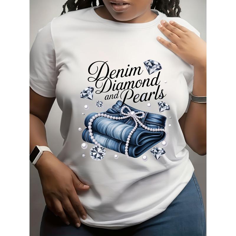 

Європейський розмір Жіноча джинсова футболка з принтом візерунка з діамантами та перлами | Стильний трендовий легкий топ для роботи, дружній до шкіри 4XL білий