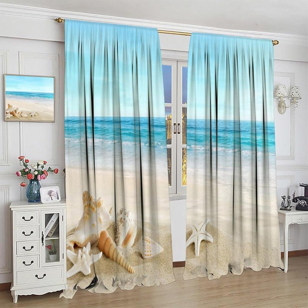 Ocean Curtains Hot Summer Beach Seaside Scenery Starfish Shells Nautical Sea Life Print Window Treatments Drapes Curtain Polyester With Rod Pocket