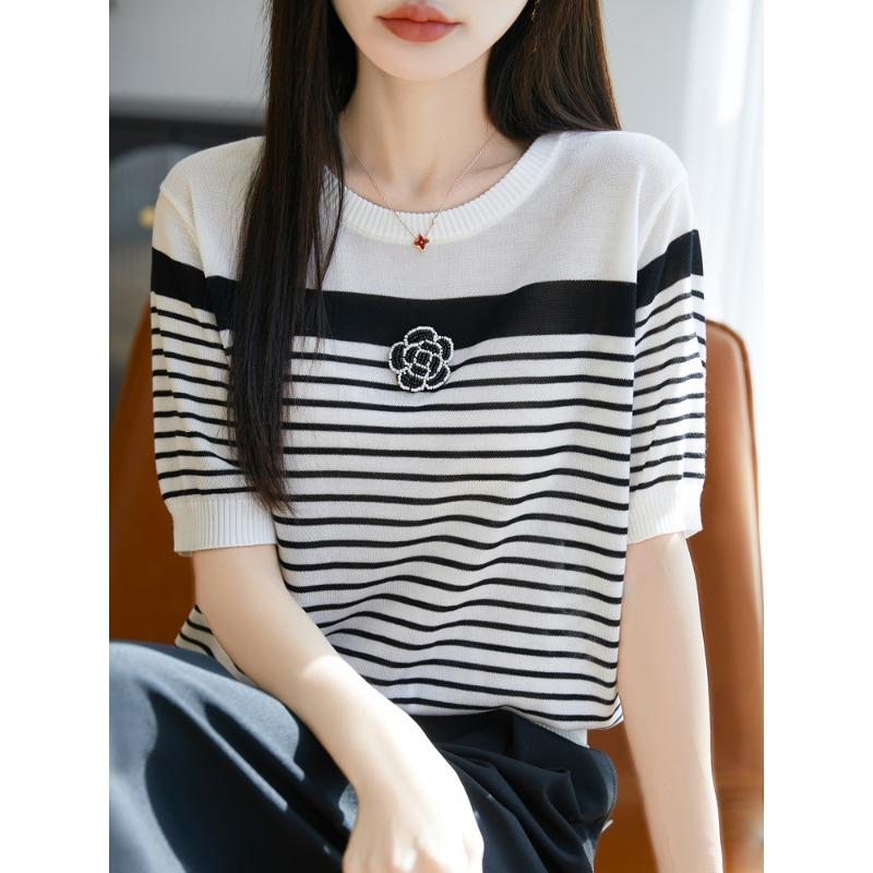 

Новая полосатая футболка с коротким рукавом Tentis для женщин на лето, тонкая, модная и универсальная, топ с камелиями, удобная и универсальная XL белый