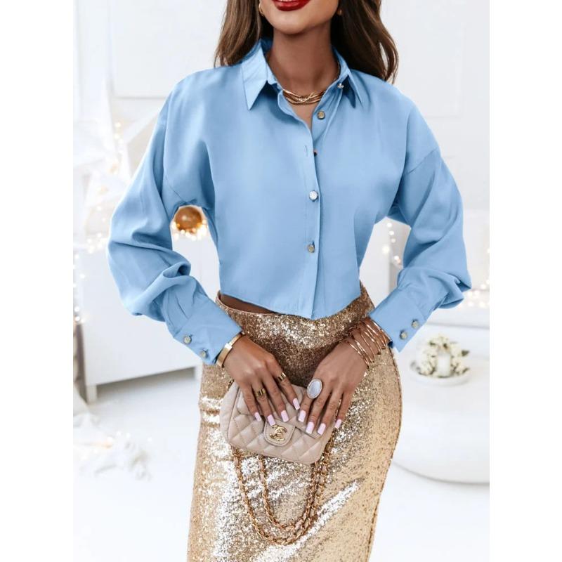 

Autumn long-sleeved simple solid color V-neck women s shirt shirt women s clothing XXL світло-синій колір