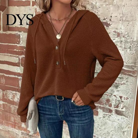 Waffle Knit Pullover Women Fall Winter Top Hooded Loose Buttons Drawstring Hoodie Pure Color Long Sleeves Daily Wear Sport Blouse
