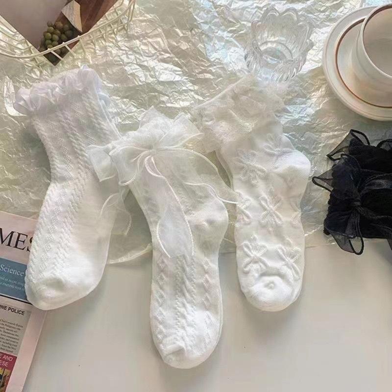 Lace Trim Bowknot Detail Ankle Socks 6 Pairs Thin Summer Middle Calf Socks for Japanese Styles Students Daily Wear