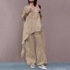Women Cotton Linen Two-Piece Set Casual Solid Color 45720 Sleeves Shirts Pockets