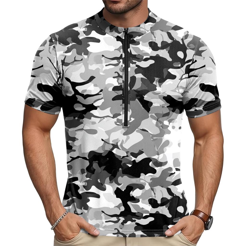 Herren Kurzarm Radtrikot Atmungsaktiv Schnelltrocknend Rundhalsausschnitt Reißverschluss Vorne Leichtes Sportshirt für Outdoor-Fahrten