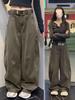 Petite American Military Green Curved-Leg Jeans for Women - 2025 Autumn Loose Wide-Leg Floor-Length Pants