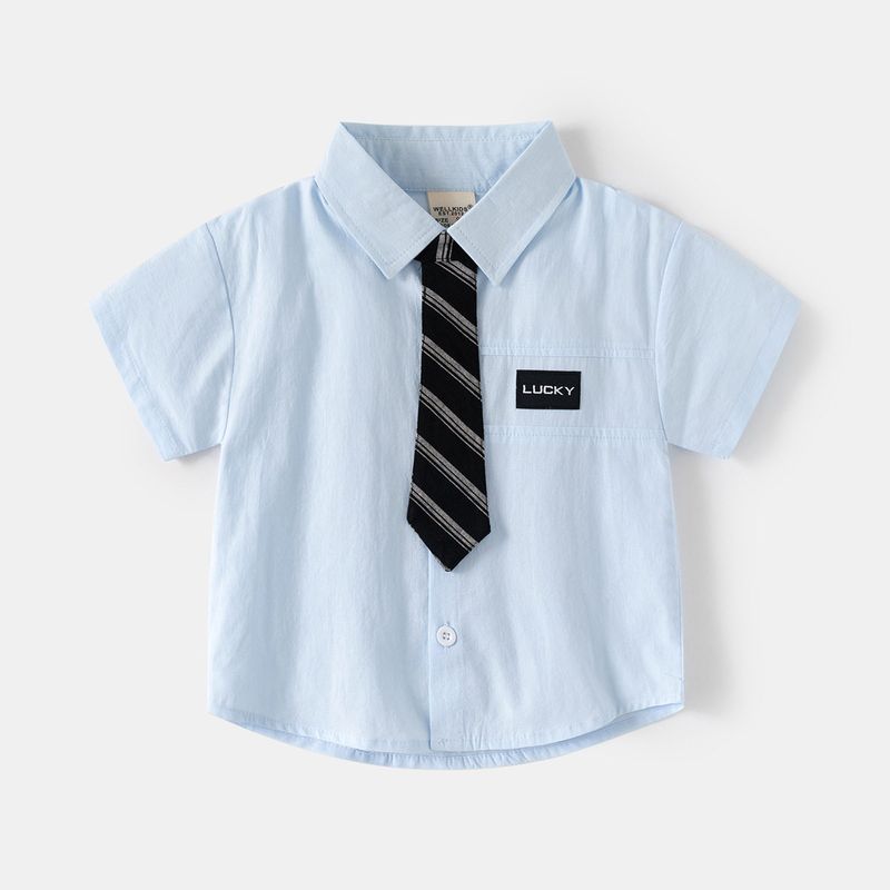 Children s Short Sleeve Shirt K-style Children s Clothing Summer Boys College Style Blouse Baby Lapel Solid Color Half-Sleeve Top Blue 100