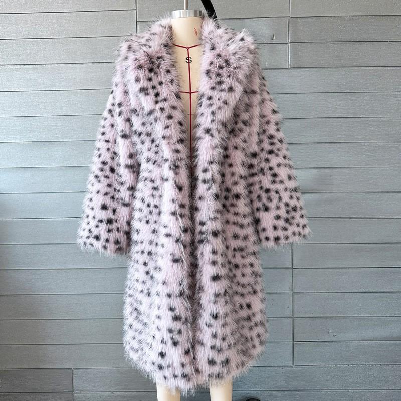 Faux Fur Leopard Print Long Overcoat Blazer Collar Womens Street Style Winter Outerwear
