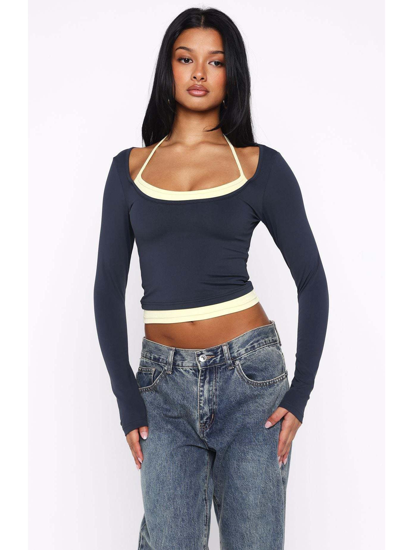

2025 Women s Autumn Color Block Halter Tie-up Fake Two-Piece Crop Top Large темно-синього кольору
