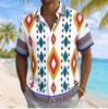 Men's Ethnic Diamond Geometric Print Short Sleeve Shirt, Spring Summer Casual Vacation Turn-Down Collar Blouse, Loose Fit Top