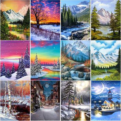 Pittura Diamante 5D Fai da Te Scena di Neve Ricamo Diamante Paesaggio Montagna Innevata Punto Croce Trapano Tondo Completo Decorazione Casa Regalo
