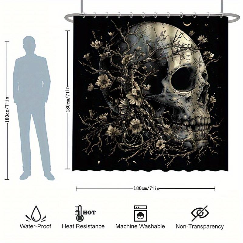 Halloween Skull and Flower Shower Curtain Set - 12 Hooks, Water-resistant Polyester, All-season, Abstract Pattern, Horror Theme