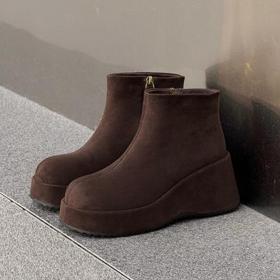 Small Slope Heel Short Boots Women's New Autumn and Winter Velvet Warm Versatile Heightening Suede Chelsea Boots