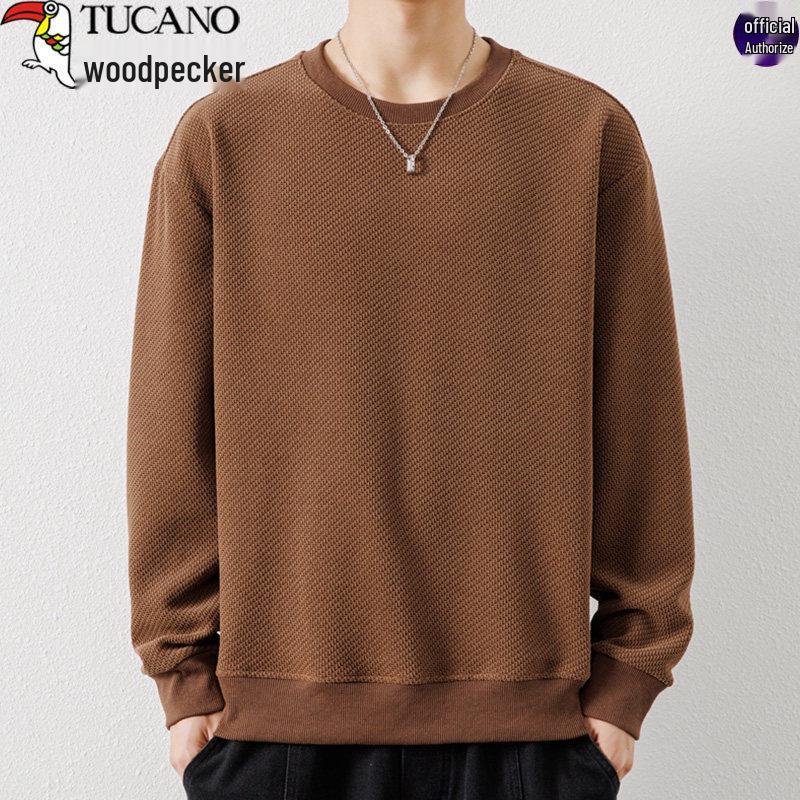 Woodpecker Men's Waffle Knit Long Sleeve T-Shirt - Round Neck, Thick Cotton, Versatile Casual Base Layer for Spring and Autumn