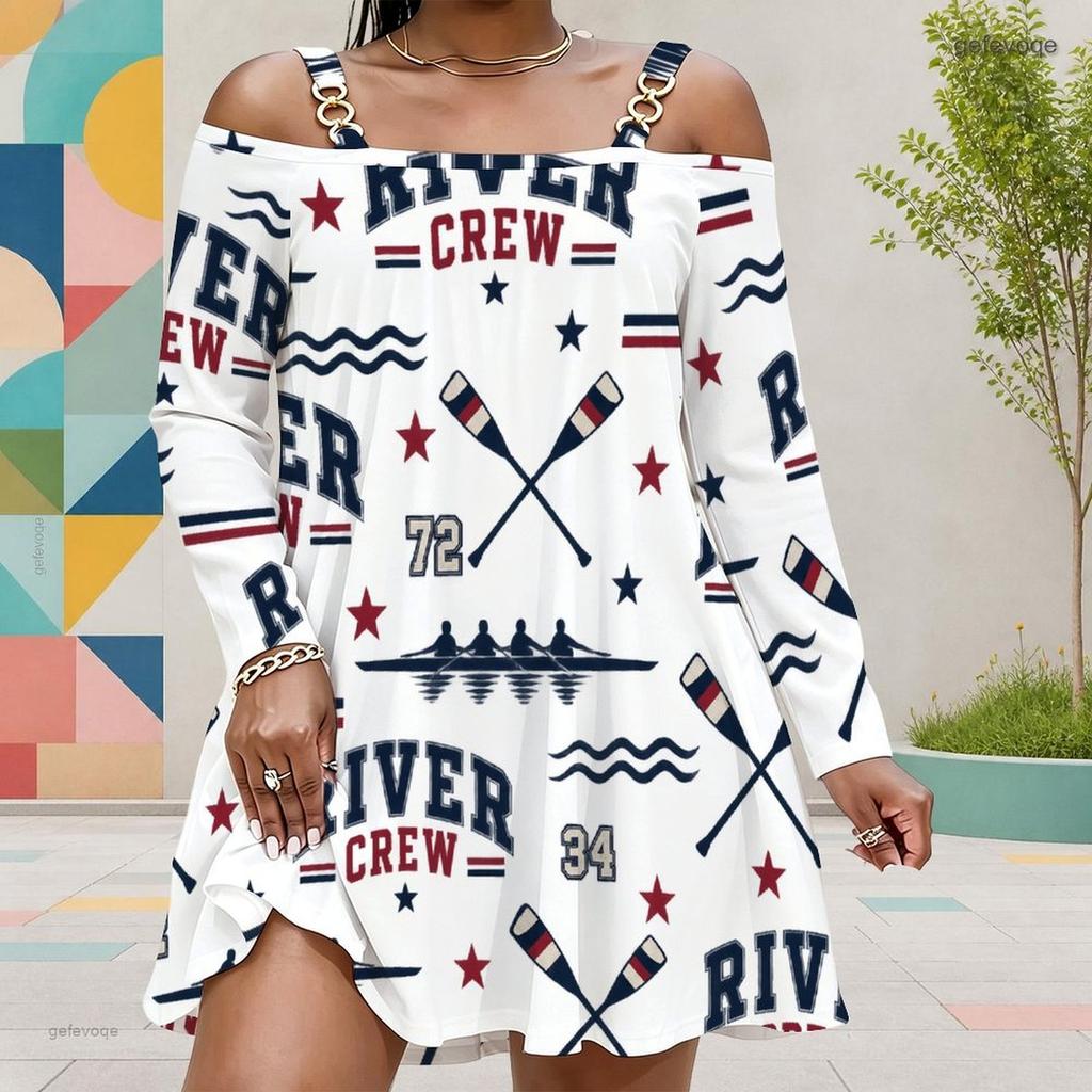 Women Plus Size Cold Shoulder Long Sleeve Surf Printed White Dress