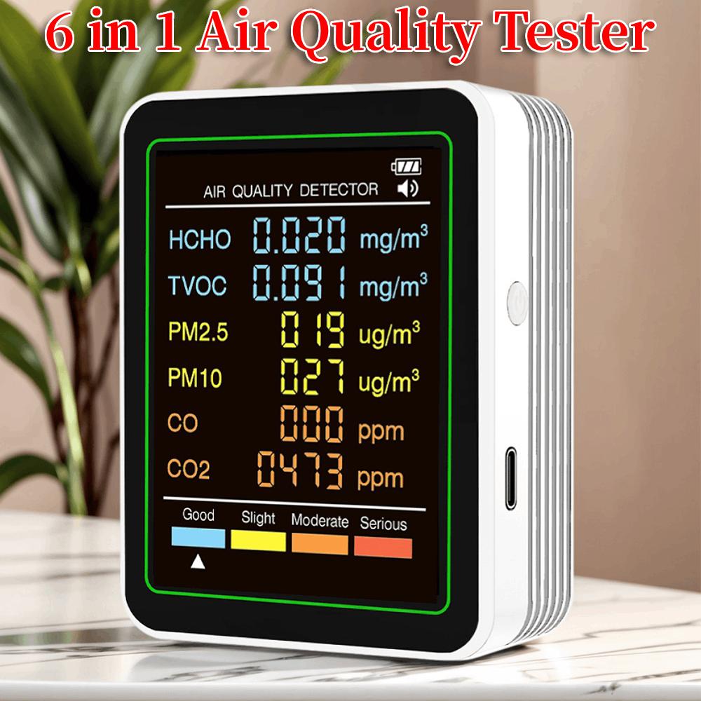 6 in 1 Air Quality Detector Household CO2 TVOC CO HCHO PM10 PM2.5 Monitor Office Wall Hanging LCD Display Air CO2 Detector