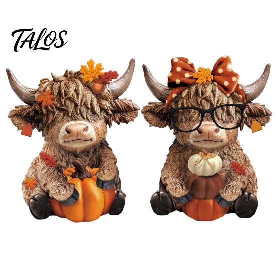 Country Home Ornament 2PCS Highland Cow Ornament, Wooden Rustic Style Figurine, Thanksgiving Figurines Theme Wood Art, for Entrance Living Room Decor