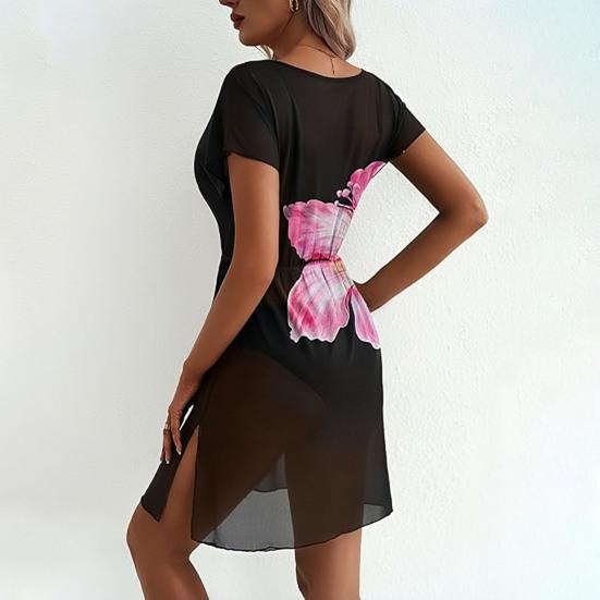 Bikini Cover Up Mesh Lightweight Sheer V-Neck Short Sleeve Beach Dress with Elastic Waist Design Anti-UV