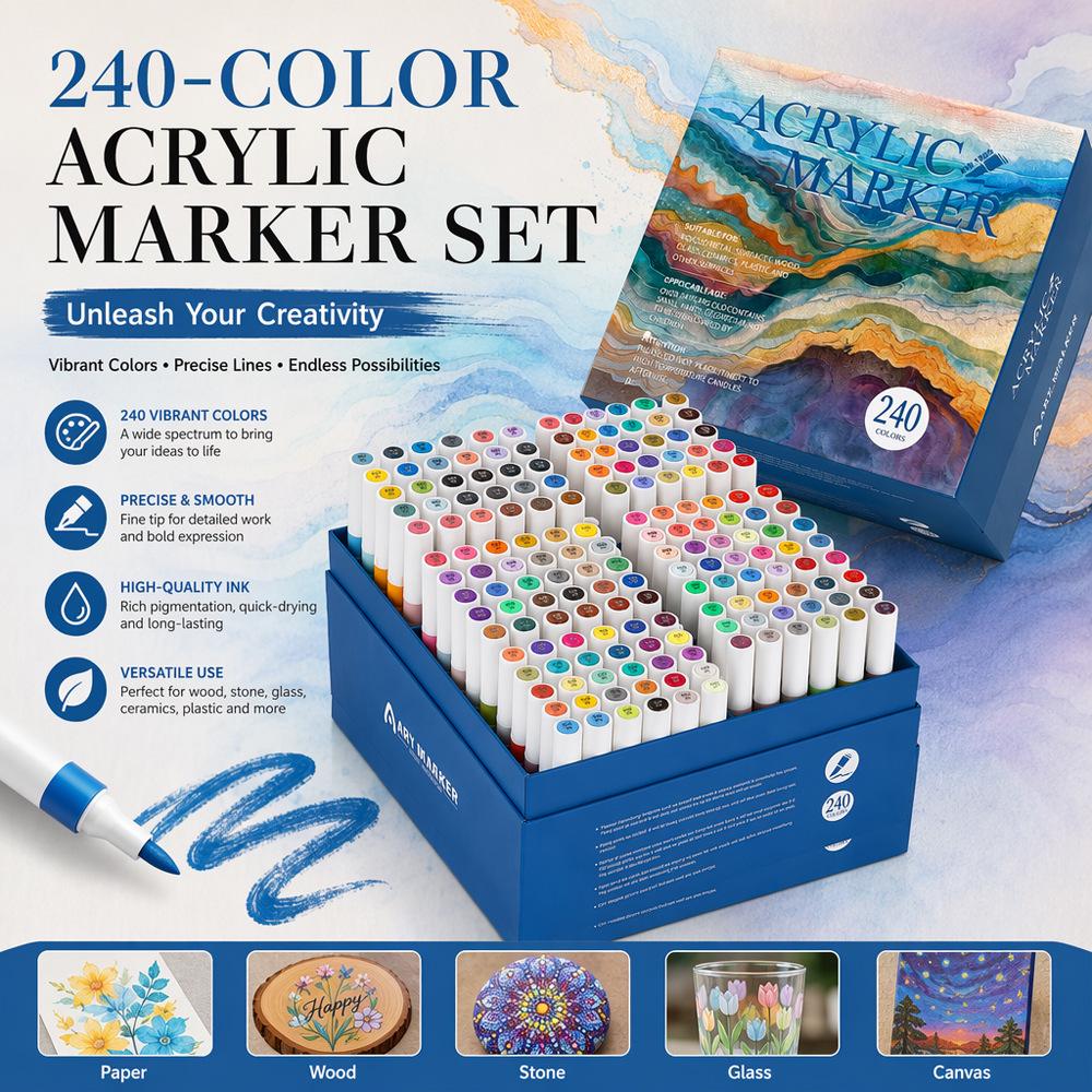 240-Color Multi-Material Marker Set with Storage Box - High-Pigment Acrylic & Oil-Based Graffiti Pens