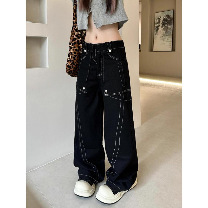 Fashionable Personalized Bright-line Personalized Straight Jeans Women In Spring and Autumn New American Retro Loose Wide-leg Pants
