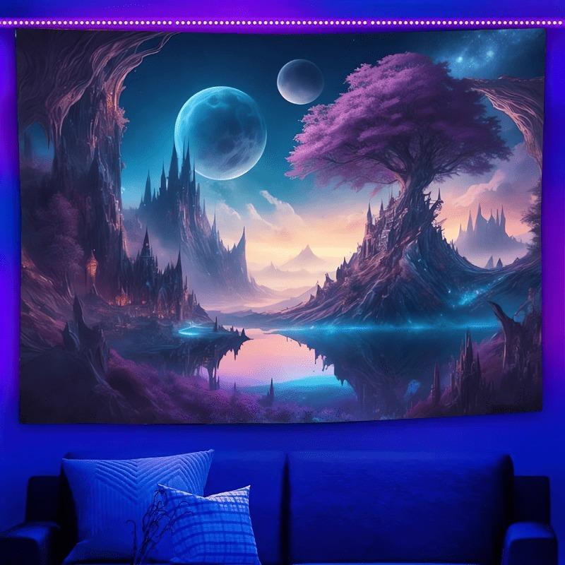 Ultraviolet cosmic vortex luminous tapestry, indoor mood to create atmosphere, psychedelic luminous art, bedroom decoration