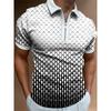 Trendy Short-sleeve Polo Shirt with Checkered Graphic, Zipper Collar, Stylish 2 Tone Design.