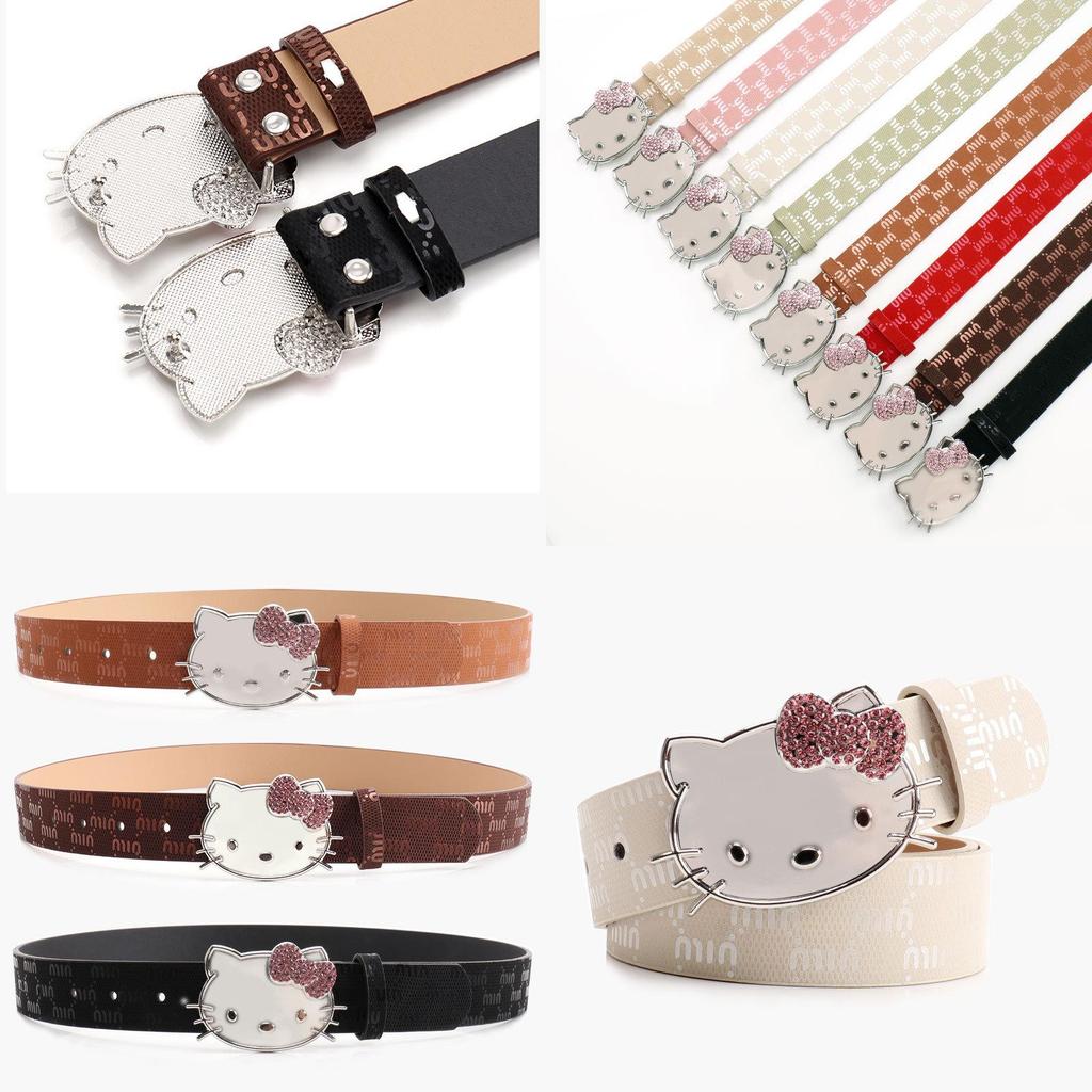 Metalowy Pasek Damski Hello Kitty z Nadrukiem Litery i Cyrkoniami do Codziennego i Eleganckiego Ubioru