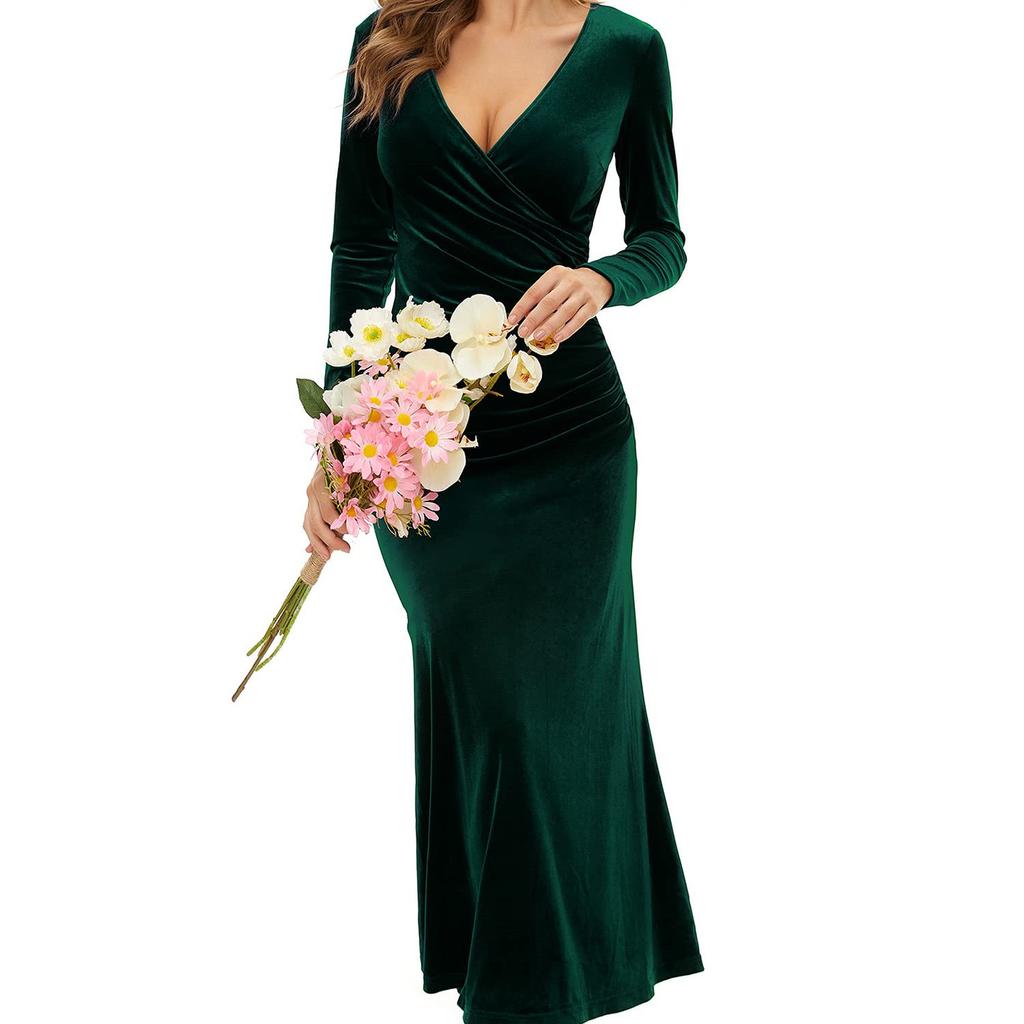 Women's Long Length Ball Gown with Strapless Sequins Ideal for Evening Parties Velvet Cocktail Dress V Neck Slim Fit Mermaid Style Evening Gown