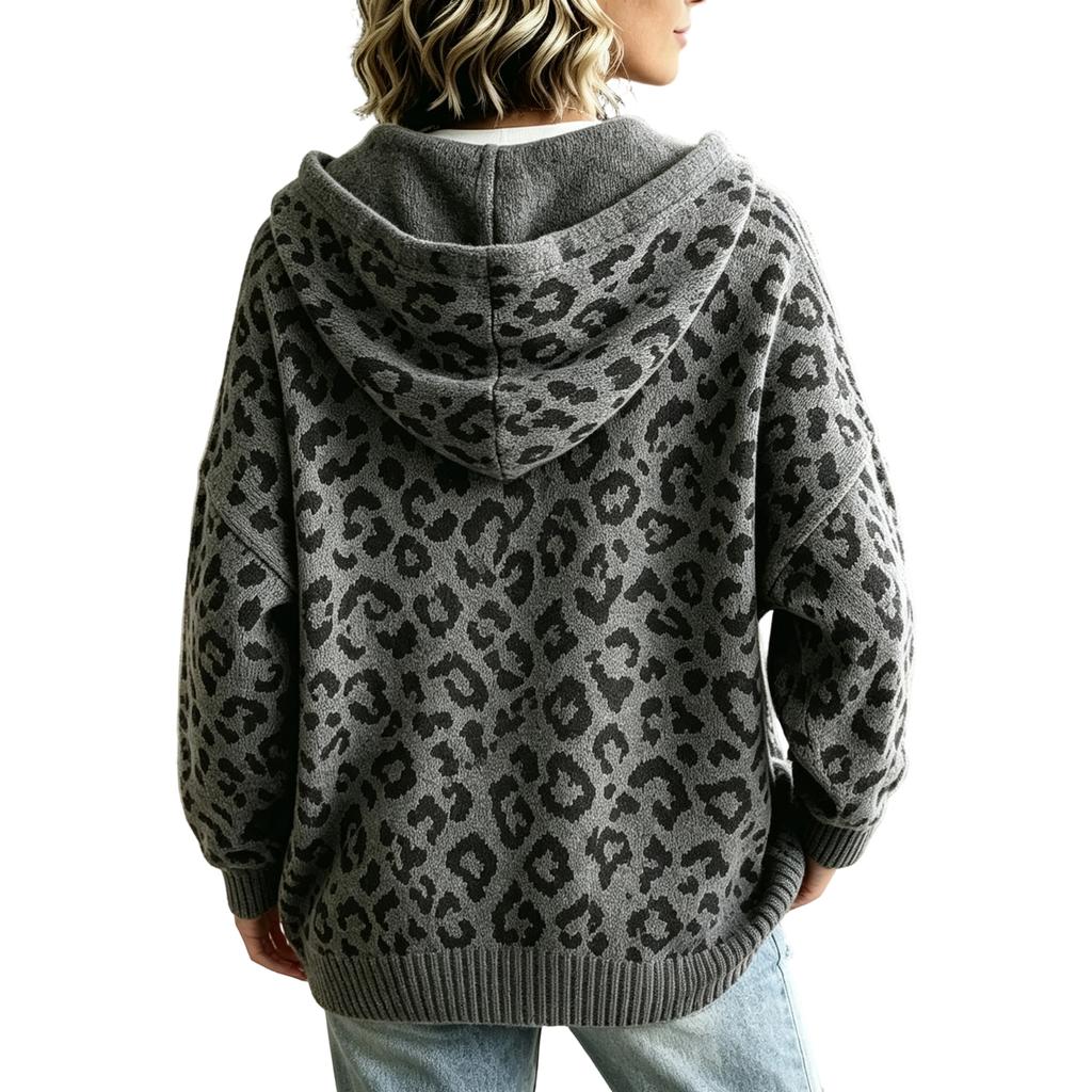 Kapuzenpullover aus Strick mit Leopardenmuster und Kordelzug, Locker sitzendes Strickoberteil