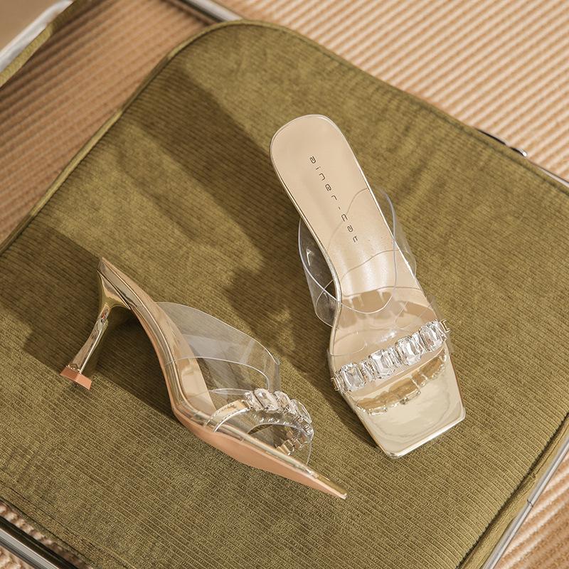 7312 [Sheepskin] Summer slippers women's outer wear 2025 new versatile transparent rhinestone stiletto semi-slippers
