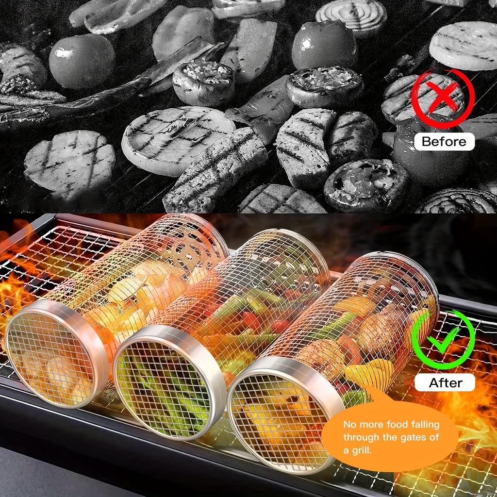Tragbares Edelstahl-Grillset mit Grillkorb, BBQ-Koch-Grillkorb, Outdoor-Grillkorb, Outdoor-Camping-Grillzubehör