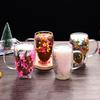 Double Wall Glass Mug with Flower Glitter Inside 450ml Large Capacity Heat & Cold Resistant Transparent