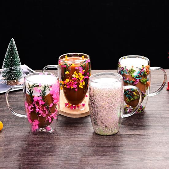 Double Wall Glass Mug with Flower Glitter Inside 450ml Large Capacity Heat & Cold Resistant Transparent Mug Creative Breakfast Coffee Cup