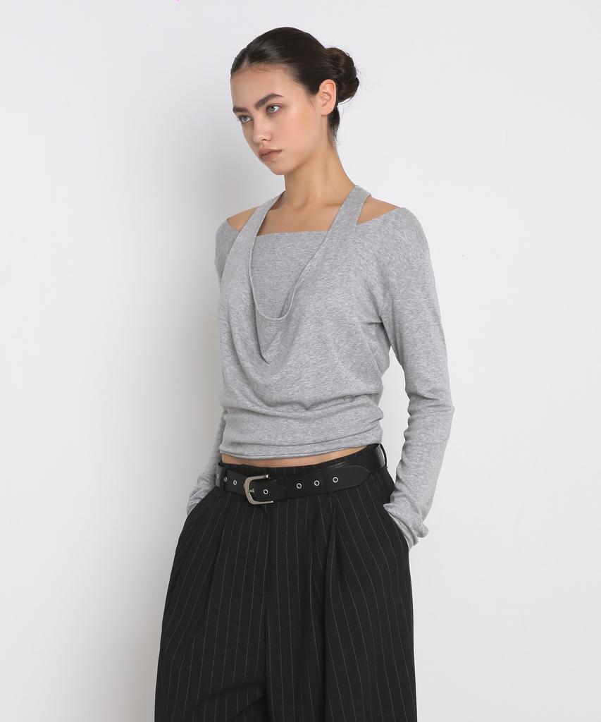 Saendeulig Draped Halter Layered Long Sleeve T-Shirt_Melange Gray