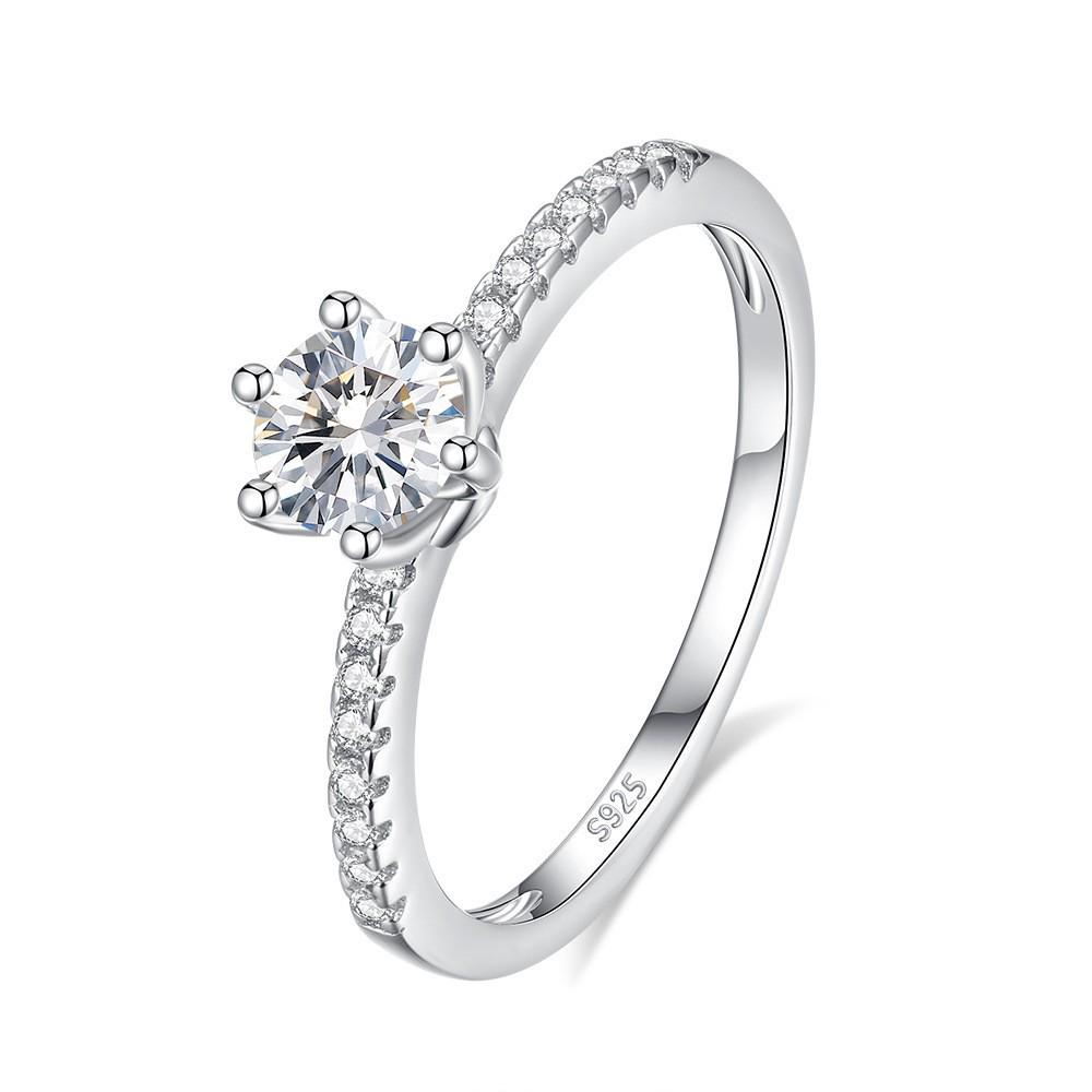 Korean Style Women's S925 Sterling Silver Six-Prong Diamond Ring, One Carat Fashionable Band