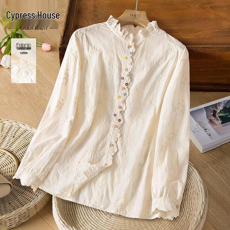 Sipai She Women s Embroidered Ruffle Trim Long Sleeve Blouse M
