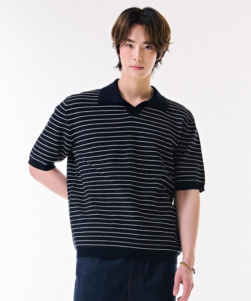 CHASECULT Men'S Cool Touch Striped Open Collar Neck Short Sleeve Sweater-Dbrk5612D04
