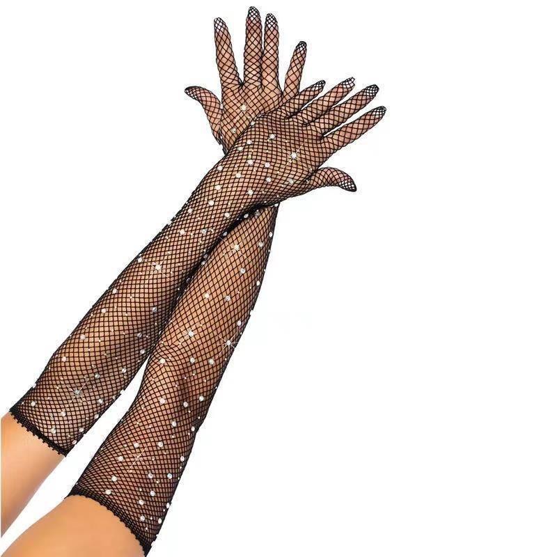 

Rhinestone Shiny Sleeve Covers Women Party Sexy Lace Black Elastic Hollow-out Long Fishnet Gloves Performance Dance Hand Gloves One Size чорний