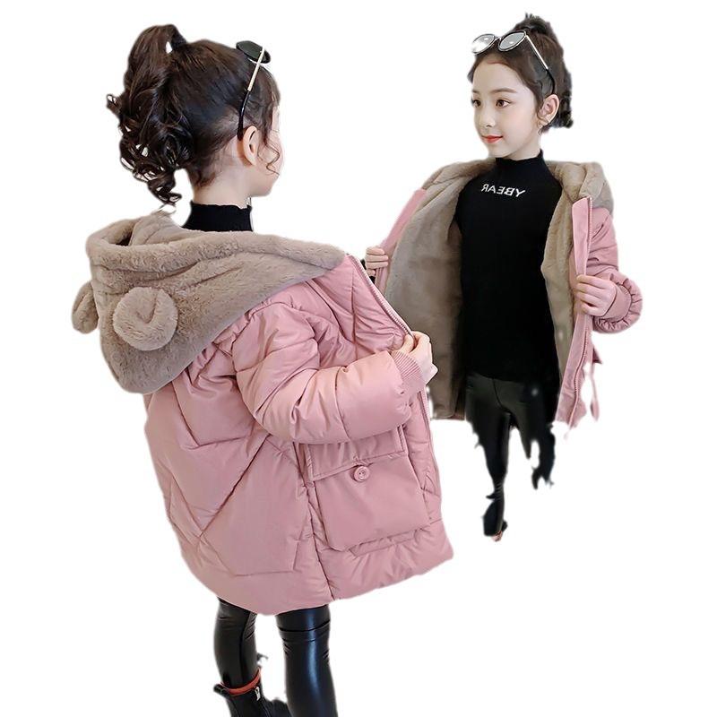 Girls Cotton Coat Plus Velvet Korean Style Stylish Cotton Jacket Little Girl Fashionable Coat Cotton Coat