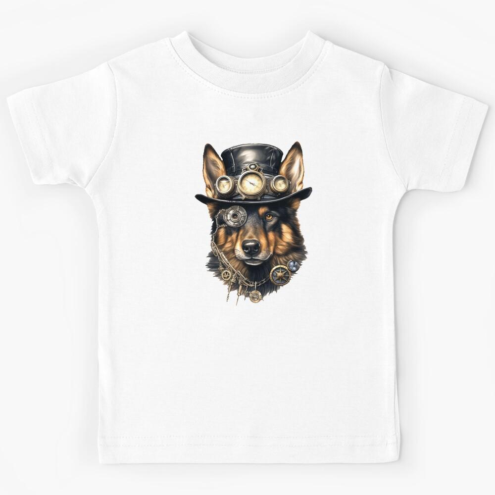 Steampunk German Shepherd - Victorian Era, Fantastical, Industrial, Cyberpunk Dog Kids T-Shirt 140