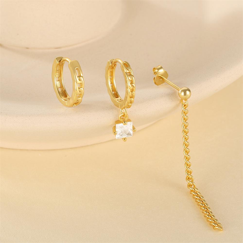 Fashion Jewelry 925 Sterling Silver Round Long Tassel Chain Square Zircon 3 Piece Set Gold Plated Hoop Earring Jewelry for Women