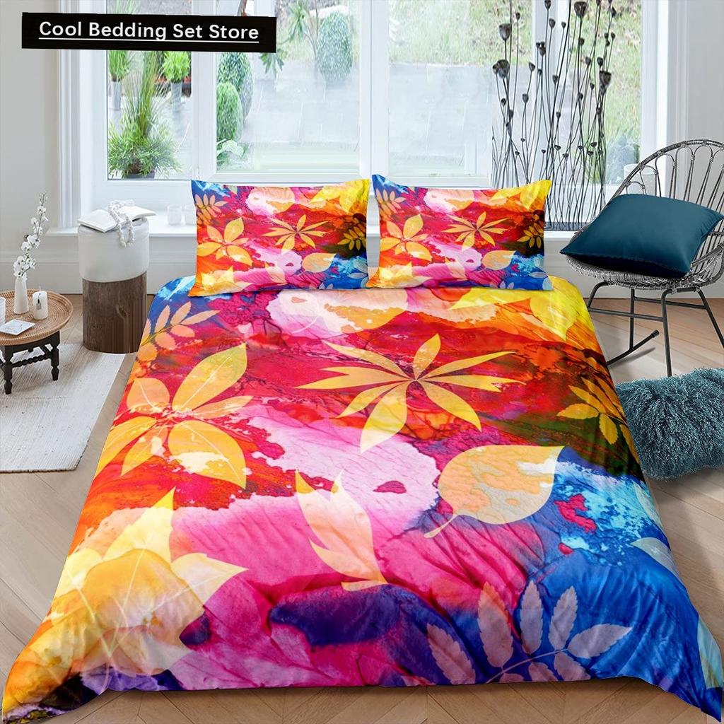 Autumn Tree Leaf King Queen Bedding Set Cartoon Botanical Duvet Cover Fallen Leaves Quilt Cover 2/3pcs Polyester Comforter Cover