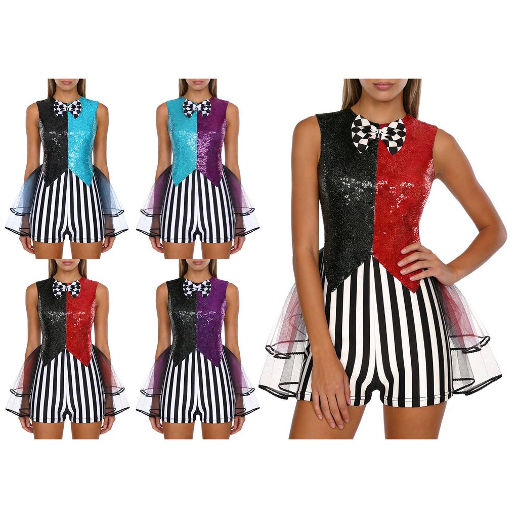Women‘s Mad Cosplay Jumpsuit S-3XL Color Blocking Sequin Striped Patchwork Checker Bowtie Tiered Tulle Hem Cutout Rompers for Halloween
