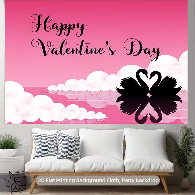 Romantic Swan Valentine Tapestry, Pink Sunset Sky with Heart-Shaped Swan Silhouettes, Sweet Romantic Wall Art