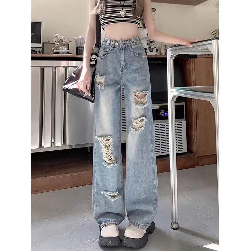 Women's Slimming High Waist Ripped Jeans - Summer 2024 Collection, Thin & Loose Wide-Leg Straight Pants, Small Sizes.