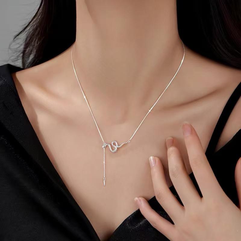 925 Sterling Silver Snake Necklace for 2025 Chinese New Year – Women's Tassel Clavicle Chain