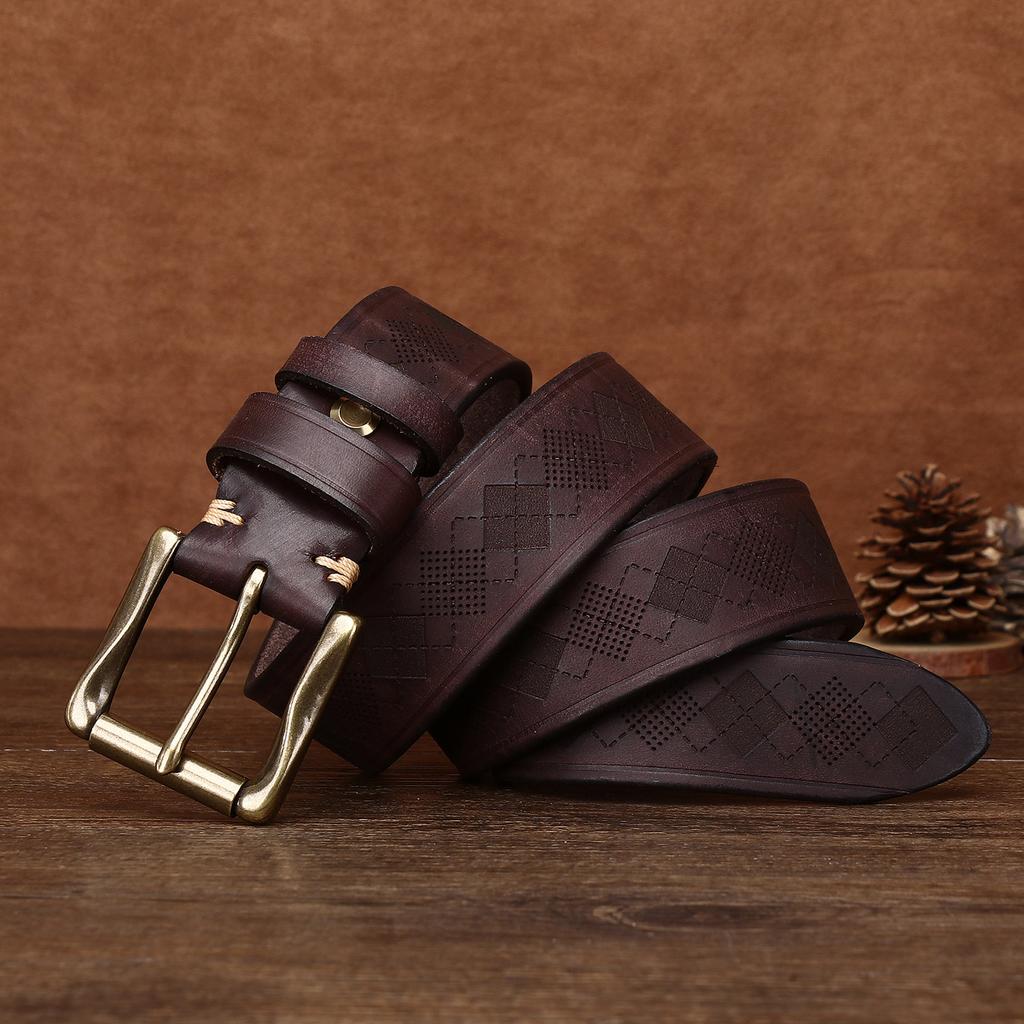 3.8CM Wide and Thick Fashionable Laser Engraved Belt for Men, Made of Aged Pure Cowhide Leather Belt
